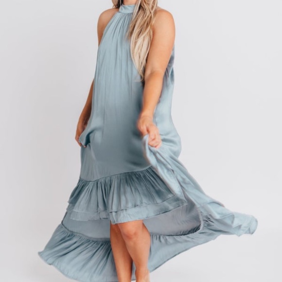 NWOT High-Low Halter Maxi dress in Dusty Blue - Picture 2 of 9